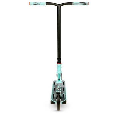 A black and turquoise Madd Gear MGP MGX P2 Pro Complete Stunt Scooter - Taze, featuring a wide handlebar and dual wheels. The deck includes intricate designs with a solid black rear wheel, all set against a pristine white background.