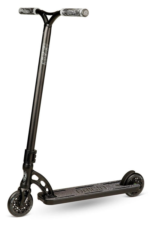 The Madd Gear MGP VX Origin II Extreme Complete Stunt Scooter - Black is tailor-made for advanced riders, featuring premium components like a black T-shaped handlebar with intricate grip designs. Its sleek deck is adorned with detailed patterns and supported by two small wheels, all set against a white background.