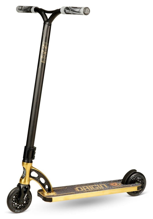 The Madd Gear MGP VX Origin II Extreme Complete Stunt Scooter in Gold is a stylish black and gold freestyle scooter crafted for advanced riders. It features a robust T-bar, two compact wheels, and a textured grip deck with "ORIGIN" branding. The handlebars come equipped with grey grips, emphasizing the choice of premium scooter components.