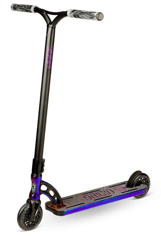 The Madd Gear MGP VX Origin II Extreme Complete Stunt Scooter - Neo Vaper is a stylish and contemporary scooter designed for advanced adventurers. It boasts a black and purple color scheme with a reinforced deck for enhanced grip, metal handlebars with patterned grips, and plastic-core wheels, making it perfect for executing exciting tricks and stunts.