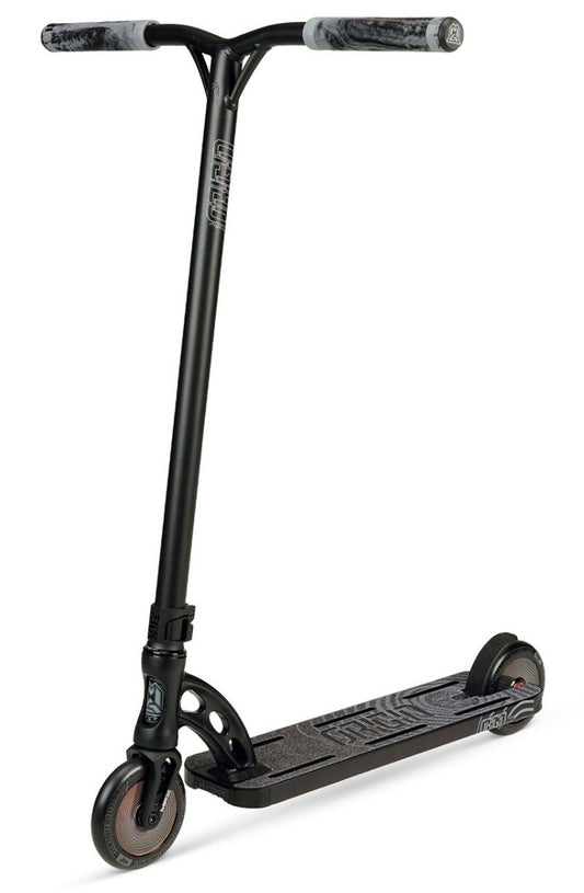 Introducing the Madd Gear MGP VX Origin II Team Complete Stunt Scooter in sleek black, highlighted by gray handlebar grips and a sturdy T-shaped handlebar. This scooter's modern minimalist design, marked by its textured deck, is perfect for intermediate and advanced riders seeking high-quality performance.