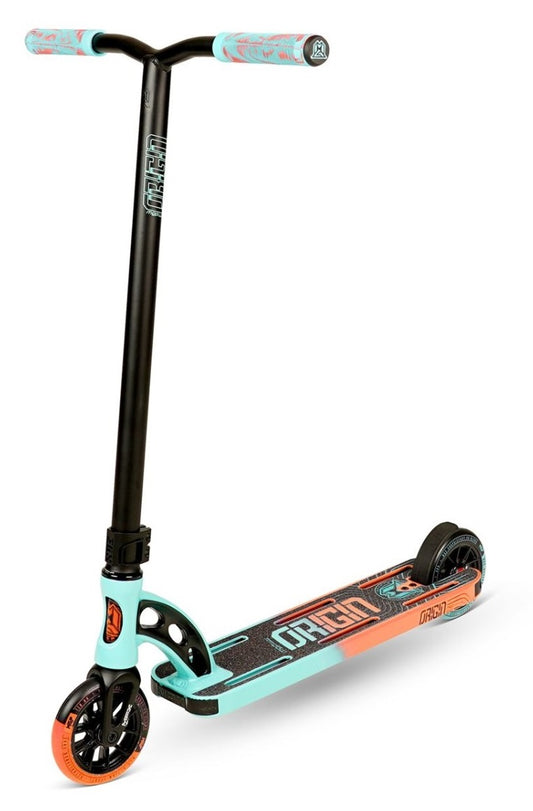 The Madd Gear MGP VX Origin II Pro Complete Stunt Scooter in Teal and Orange features a black handlebar with teal grips. Its deck showcases a vibrant design in teal, orange, and black with striking graphics. The front wheel stands out in orange, while the rear is sleek and black, perfectly complementing the Madd Gear color scheme.