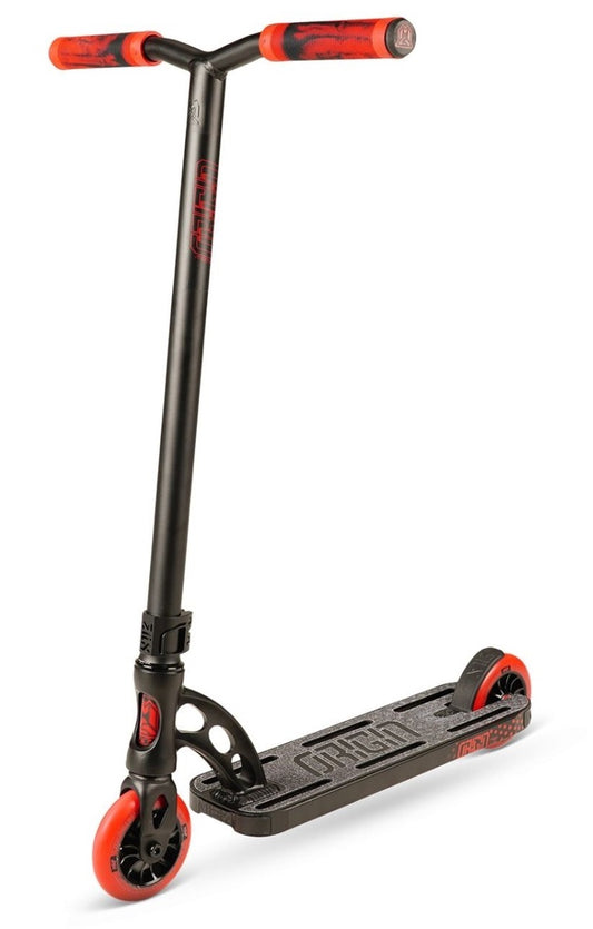 The Madd Gear (MGP) VX Origin II Shredder Pro Complete Stunt Scooter in black and red offers a modern flair with its T-shaped handlebar featuring striking red grips. Its textured deck combined with two vibrant red wheels make it perfect for performing tricks while providing both style and functionality.