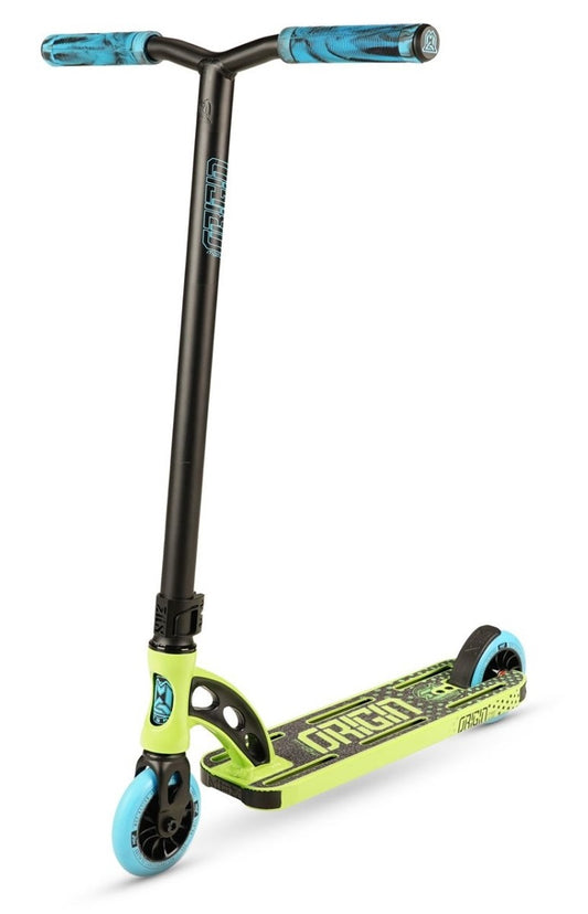 The Madd Gear MGP VX Origin II Shredder Pro Complete Stunt Scooter in Lime and Blue is a two-wheeled freestyle scooter with a striking neon green and black deck. Its handlebars are outfitted with blue grips, complemented by blue wheels featuring black hubs for a sporty look. This complete stunt scooter is ideal for enthusiasts prioritizing both style and performance.