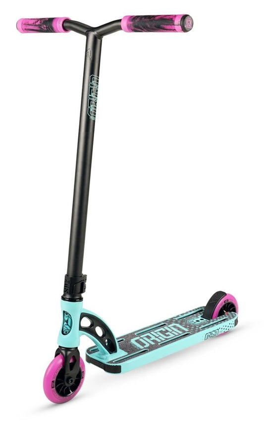 The Madd Gear (MGP) VX Origin II Shredder Pro Complete Stunt Scooter boasts a sleek and stylish look with its teal frame and vibrant pink grips, featuring a striking blue deck highlighted by pink and black details. The design is perfectly complemented by matching wheels in pink and black.