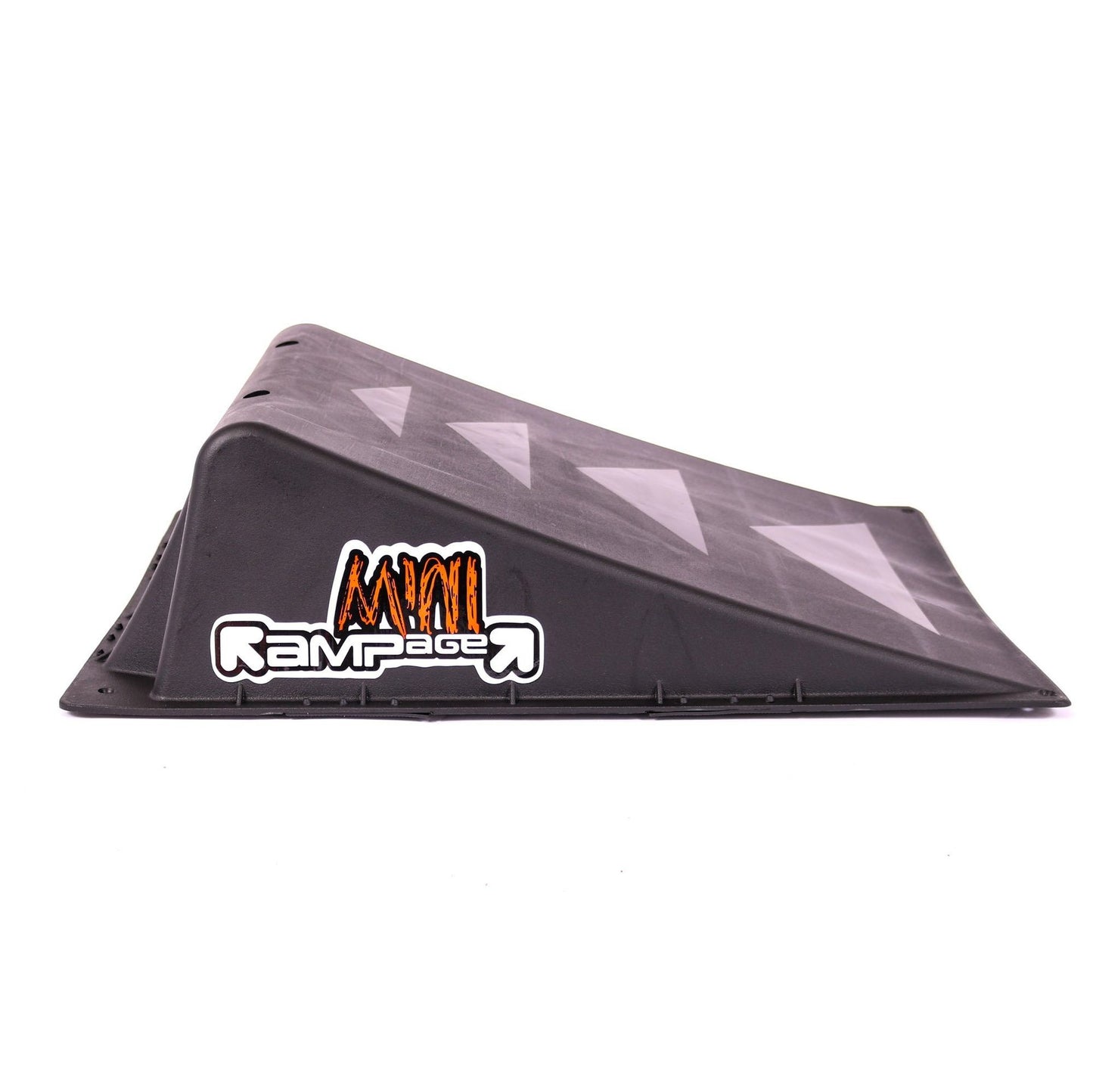 A Rampage Single Mini Launch Skate Ramp in black, adorned with white triangle patterns and the "Mini Rampage" logo on the side, perfect for skating or scootering.