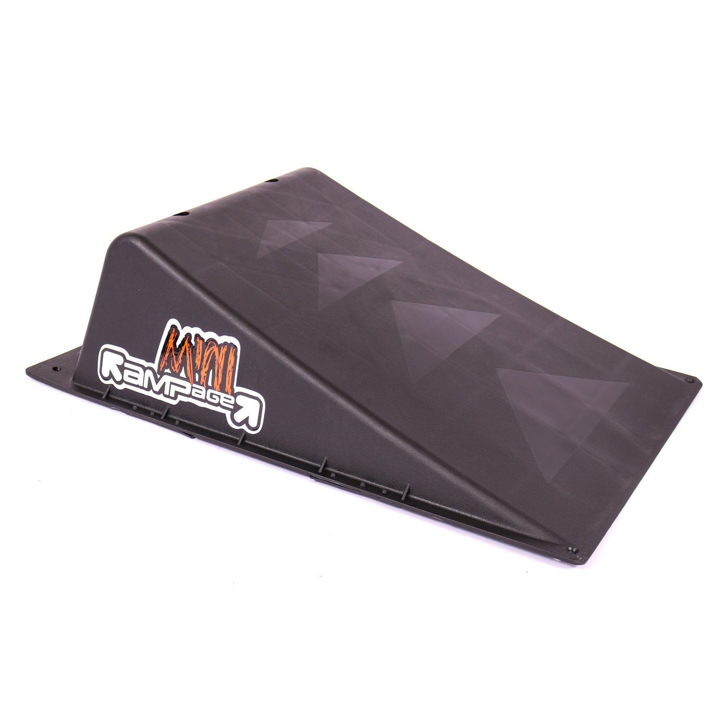 The Rampage Single Mini Launch Skate Ramp, a black plastic ramp with the Rampage logo, features a slight incline and textured surface. It's perfect for skating or scootering and is designed for thrilling tricks and stunts in various sports.