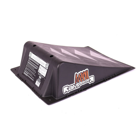 The Rampage Single Mini Launch Skate Ramp is ideal for both skating and scootering. It comes with a label providing safety information and warnings. With gently sloping inclines and a textured surface, this black mini ramp ensures optimal performance.