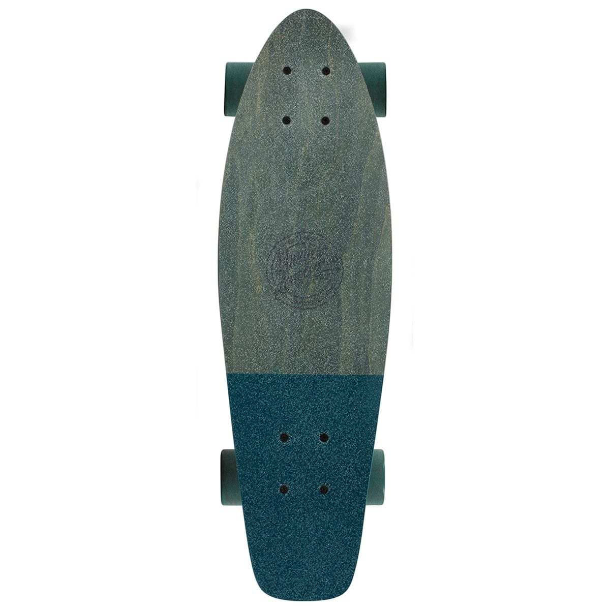 A top view of the Mindless Stained Daily Grey Complete Cruiser showcases a textured green deck with spray griptape and a circular logo. This 24" x 7" daily cruiser board by Mindless comes with black trucks and wheels, and the deck narrows towards one end.