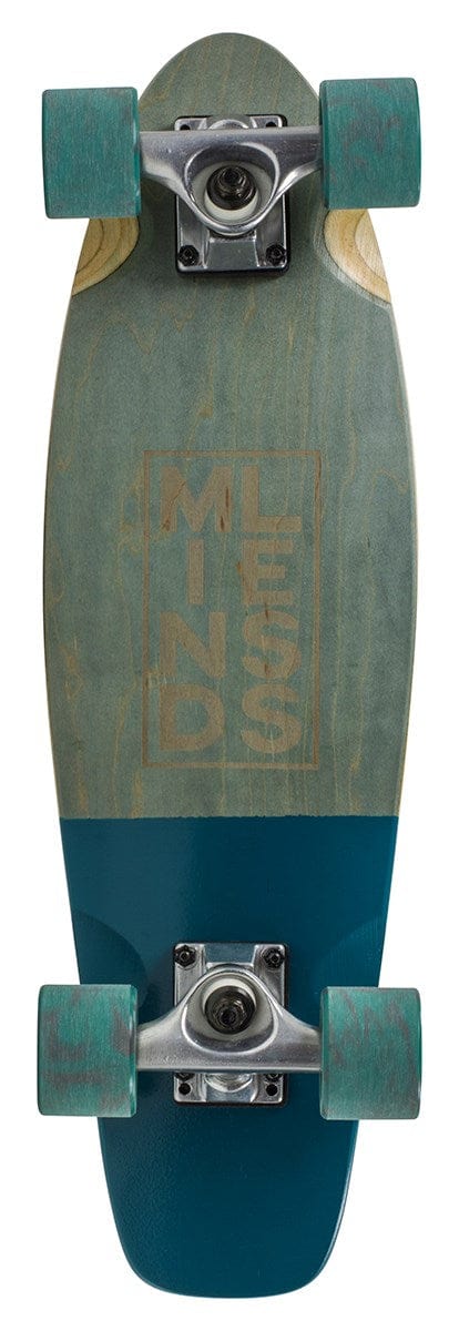 Top view of the Mindless Stained Daily Grey Complete Cruiser, showcasing a teal and wooden deck with "MINDLESS" engraved vertically. This 24" x 7" board features teal-colored wheels, silver trucks, and spray griptape to ensure optimal grip.