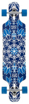 The Mindless Sanke III Blue Complete Longboard - 39" x 9.5" is a drop-through board with a longboard shape that offers enhanced stability. Its deck features intricate symmetrical leaf-like designs in blue and white geometric patterns, making it perfect for beginner riders. The smooth ride is completed by its blue wheels.