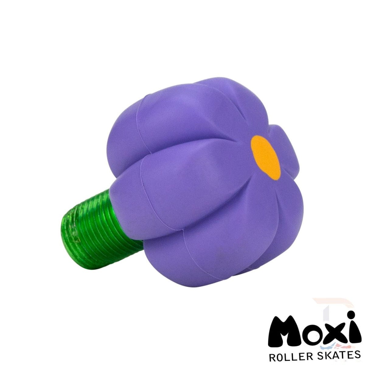 The Moxi Brake Petal Roller Skate Toe Stops - Violet are designed with a flower shape in purple, featuring a yellow center and a green threaded stem. These durable toe stops proudly showcase the Moxi brand logo in the bottom right corner, ensuring both style and performance for your skates.