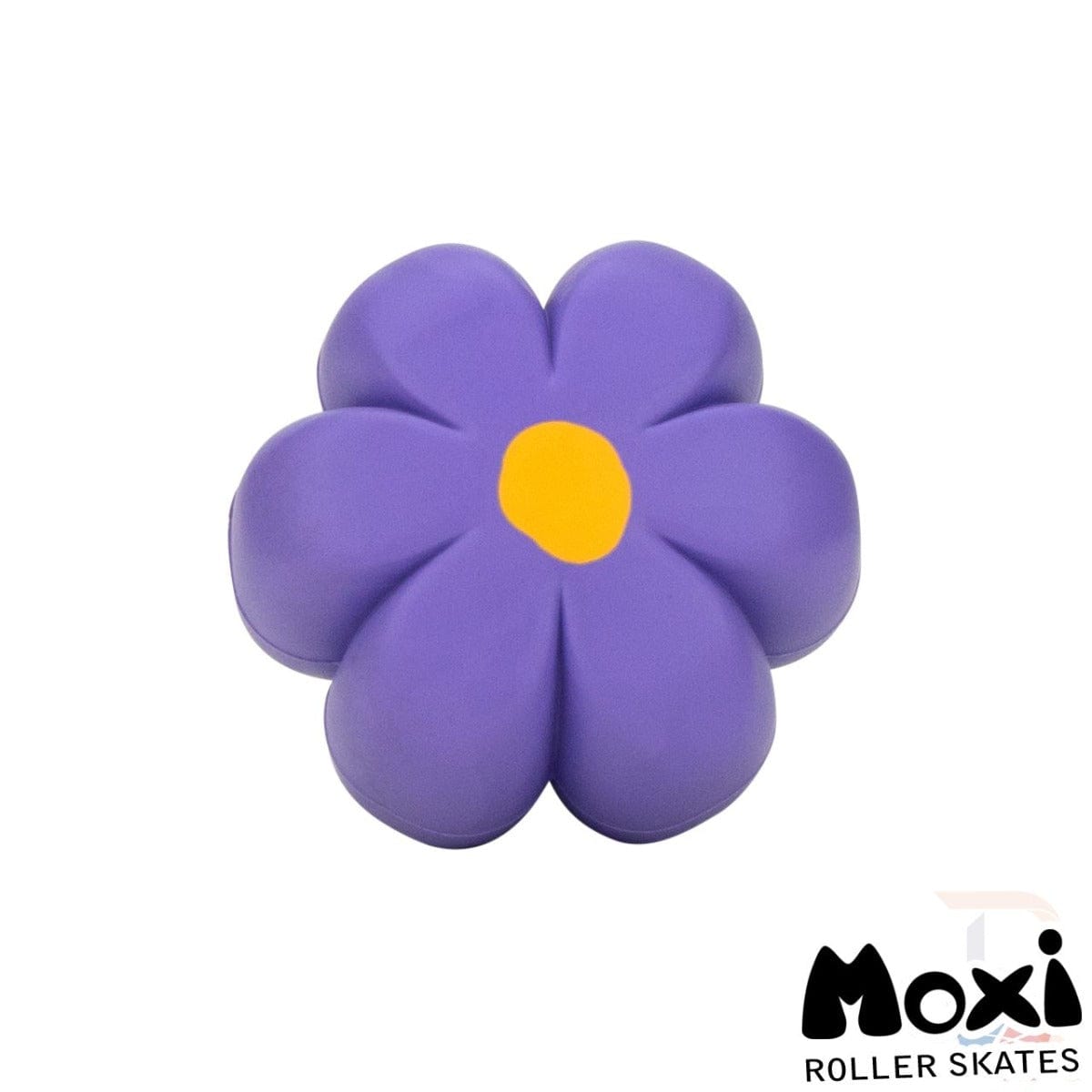 The Moxi Brake Petal Roller Skate Toe Stops - Violet are designed as a vibrant purple flower-shaped brake cover, complete with a yellow center, making them an ideal accessory for roller skates. These durable toe stops, featuring the Moxi logo in the bottom right corner, offer a perfect blend of style and functionality.