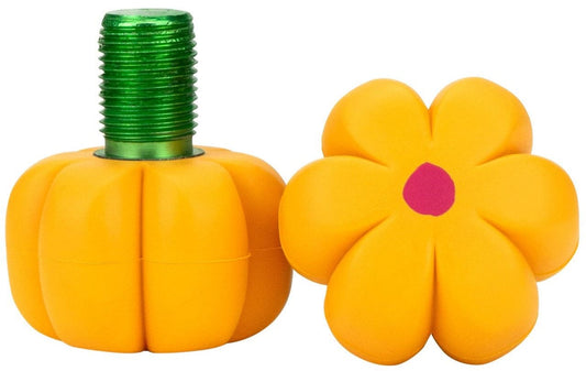 This delightful toy set is inspired by the Moxi Brake Petal Roller Skate Toe Stops - Yellow Daisy. It features two pieces: a pumpkin-shaped toy with a green threaded top and a yellow, flower-shaped toy with a red center, designed to mimic bolts and nuts for children's play, promising both fun and creativity.