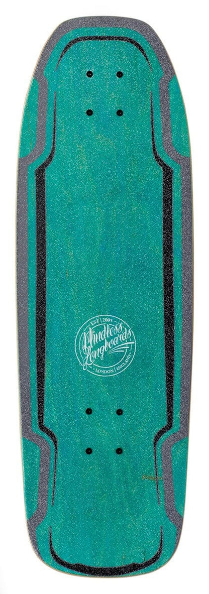 Introducing the Mindless Surt Skate White Complete Cruiser, a 30" x 9.5" skateboard deck in teal and black with a textured surface for smooth carving. It features the "Mindless" logo in white and has a rectangular shape with slightly rounded edges, perfect for improving your carve pump technique and enjoying an ideal surf skate experience.