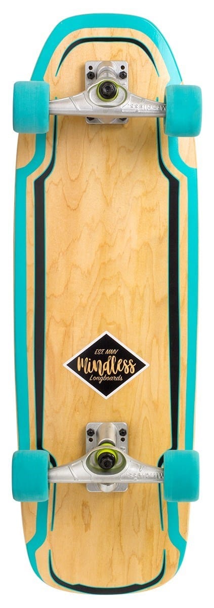 Product Description: Introducing the Mindless Surt Skate White Complete Cruiser - a 30" x 9.5" skateboard with a wooden deck, turquoise wheels, and a geometric black and turquoise design. Ideal for smooth carving, it features a diamond-shaped logo at the center with the text "Mindless Longboards.