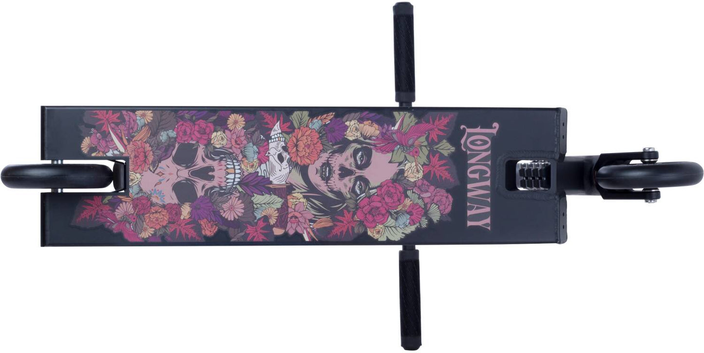 A top view of the Longway Santa Muerte Complete Stunt Scooter - Black reveals a dark floral design with skulls, echoing the style of the skateboard. The word "LONGWAY" is prominently displayed at one end, encircled by vivid red, pink, and orange flowers surrounding the skulls. The scooter's wheels and handlebars are clearly visible.