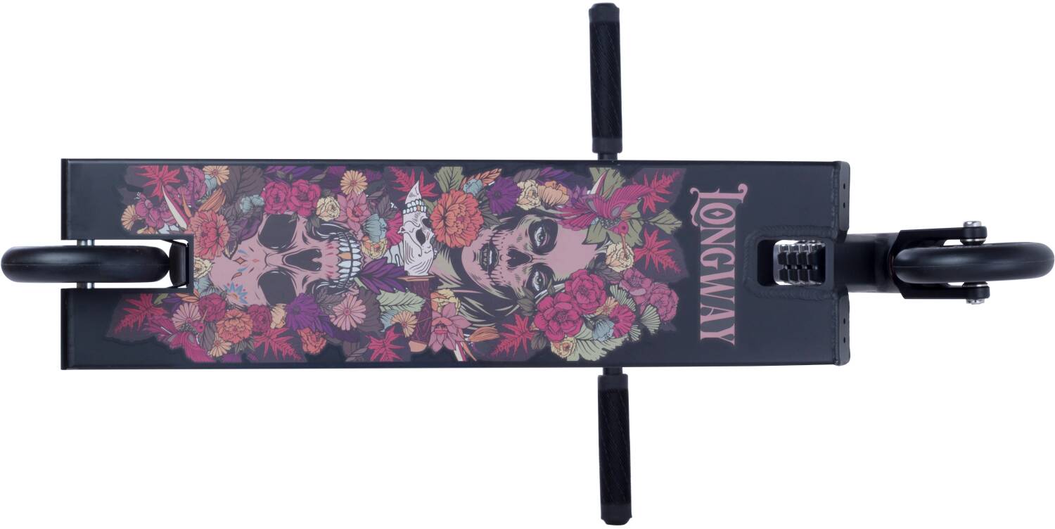 A top view of the Longway Santa Muerte Complete Stunt Scooter - Black reveals a dark floral design with skulls, echoing the style of the skateboard. The word "LONGWAY" is prominently displayed at one end, encircled by vivid red, pink, and orange flowers surrounding the skulls. The scooter's wheels and handlebars are clearly visible.