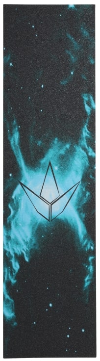 The Blunt Envy Galaxy Nebulae Stunt Scooter Griptape - Crab features an eye-catching cosmic design with dynamic blue and black galaxy nebula patterns. At the center is a geometric emblem that resembles an angular star or compass, infusing your ride with a celestial flair.