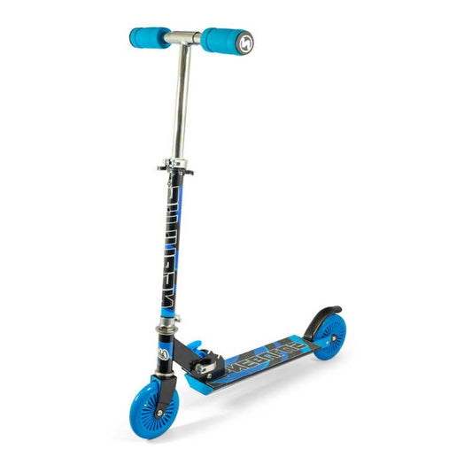 The Ozbozz Nebulus Foldable Kids Scooter - Black / Blue is a chic and portable ride for kids, showcasing an appealing black and blue color scheme. It features adjustable blue handlebars and wheels, a sleek black deck with blue accents, and prominently displays the Ozbozz brand logo on the steering column.