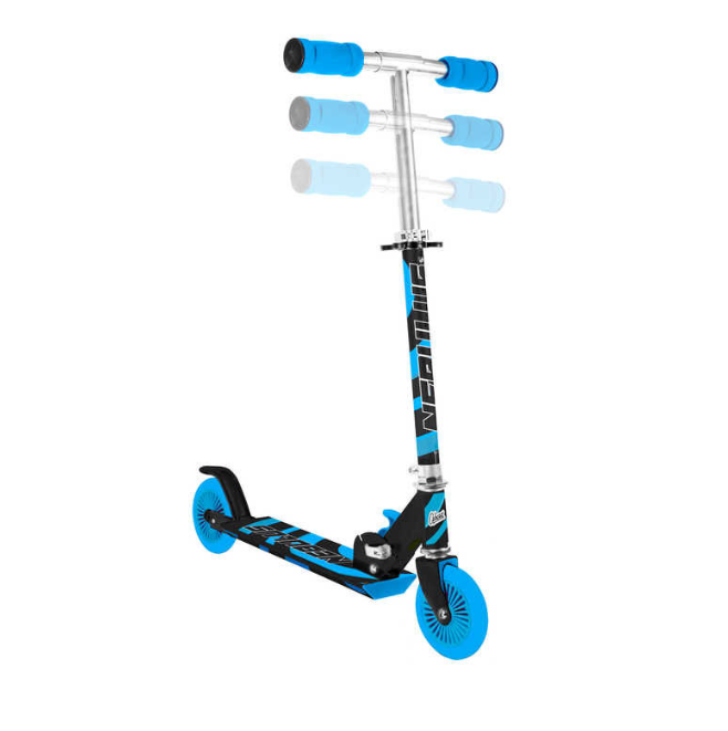 The Ozbozz Nebulus Foldable Kids Scooter, presented against a white background, flaunts an eye-catching black and blue design. This scooter is equipped with two wheels, adjustable handlebars with three positions, and vibrant graphics on both its deck and handlebar stem.