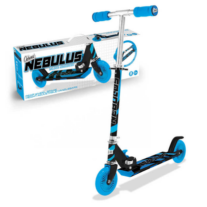 A black and blue foldable scooter with matching blue wheels and grips is showcased. Behind it stands the packaging box, highlighting the Ozbozz Nebulus Foldable Kids Scooter adorned with its image and "Nebulus" branding. The scooter includes an adjustable handlebar for enhanced convenience.