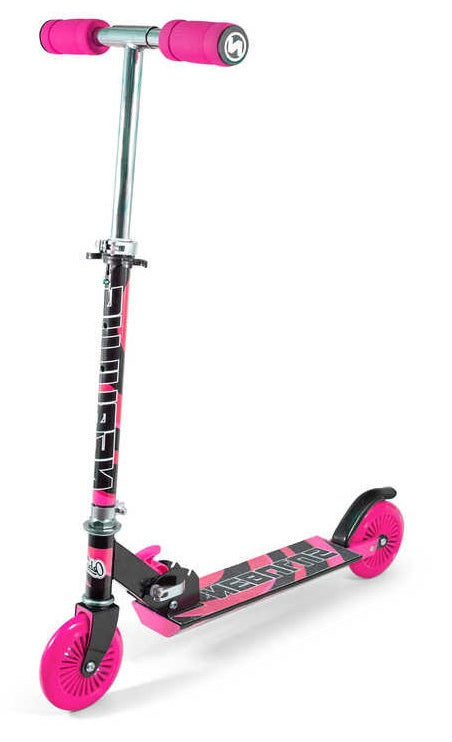 The Ozbozz Nebulus Foldable Kids Scooter in black and pink showcases a sturdy metallic frame and a graphic design on its deck. It features pink wheels and grips, stands upright for easy storage, boasts a compact build, and includes an adjustable handlebar to accommodate growing riders.