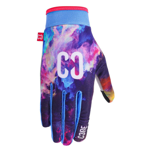 The CORE Aero Skate Protection Gloves - Neon Galaxy feature a striking multicolored, galaxy-style pattern. With a grip-enhancing design, these gloves prominently display the "C" logo and "CORE" near the wrist. They are equipped with touch screen-friendly fingertips and complemented by a stylish blue cuff with red trim.