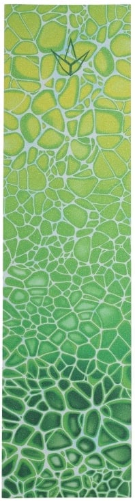 A yoga mat featuring a mosaic pattern that transitions from yellow at the top to green at the bottom, inspired by the vivid design of the Blunt Envy Neuron Stunt Scooter Griptape - Green. Near the top center, there is a small crane illustration.