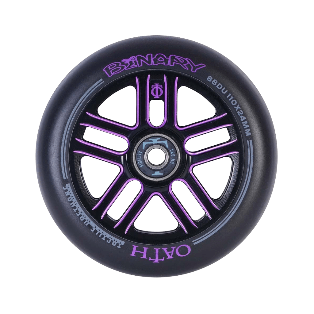 A close-up of the Oath Binary 110mm Stunt Scooter Wheel in Black and Purple highlights its purple metallic spoke design with advanced lightweight hollow-core wheel technology. The words "BINARY" and "OATH" are inscribed on the rim, alongside specifications "88DU 110x24MM," featuring premium Oath Fidelity bearings for smooth performance.