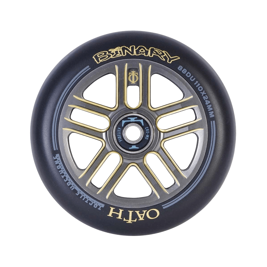 The Oath Binary 110mm Stunt Scooter Wheel in Gold and Titanium is a striking choice, with a black outer layer complemented by gold metal spokes. Adorned with the words "BINARY" and "OATH," it features dimensions of 88DU 110x24mm on the side. Designed for durability, its detailed craftsmanship and central logo elevate its style while boosting impact resistance.