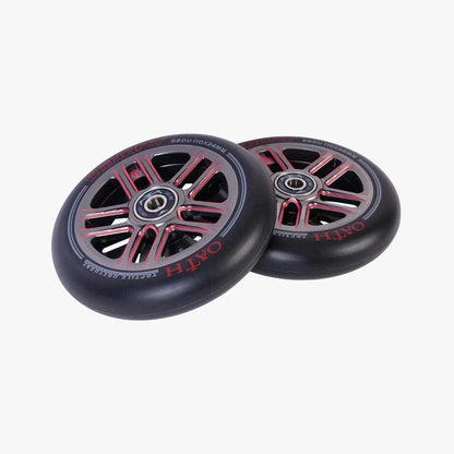 A pair of Oath Binary 110mm Stunt Scooter Wheels in red and titanium, featuring high-grade bearings and engraved text around the rim, set against a white background. Each wheel is equipped with a multi-spoke metal core and lightweight hollow-core design for improved impact resistance.