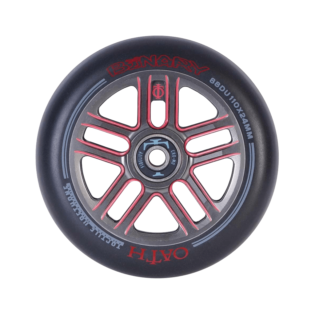 The Oath Binary 110mm Stunt Scooter Wheel, styled in red and titanium, is a lightweight hollow-core wheel featuring the "BINARY" and "OATH" labels. It is designed with impact-resistant multiple spokes and showcases the specifications "88DU/110x24MM" along the rim. This wheel is enhanced with high-grade bearings to ensure optimal performance.