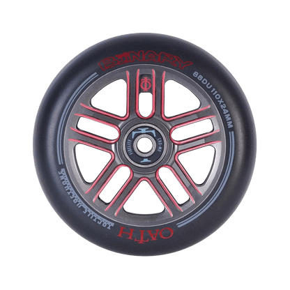 The Oath Binary 110mm Stunt Scooter Wheel, styled in red and titanium, is a lightweight hollow-core wheel featuring the "BINARY" and "OATH" labels. It is designed with impact-resistant multiple spokes and showcases the specifications "88DU/110x24MM" along the rim. This wheel is enhanced with high-grade bearings to ensure optimal performance.