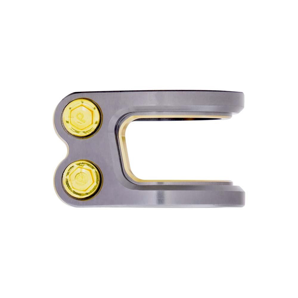 The Oath Carcass 2 Bolt Oversized Stunt Scooter Clamp combines a titanium finish with two gold-colored hex bolts on one side, crafted from 6061 T6 Aluminium. Its C-shaped design and smooth surfaces ensure secure fastening, making it perfect for lightweight scooter needs.