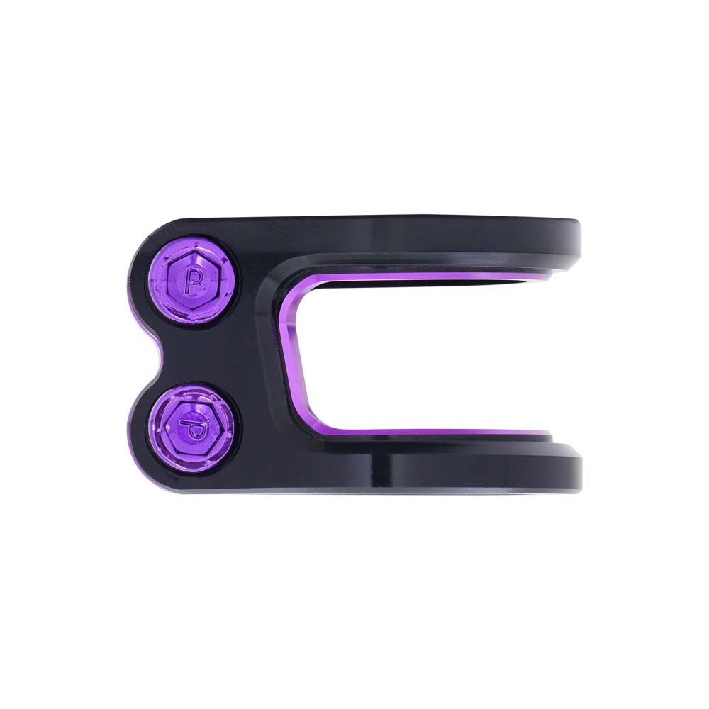 An Oath Carcass 2 Bolt Oversized Stunt Scooter Clamp in black and purple, made of durable 6061 T6 Aluminium with a unique U-shaped design and two circular buttons adorned with "P" symbols on the side.