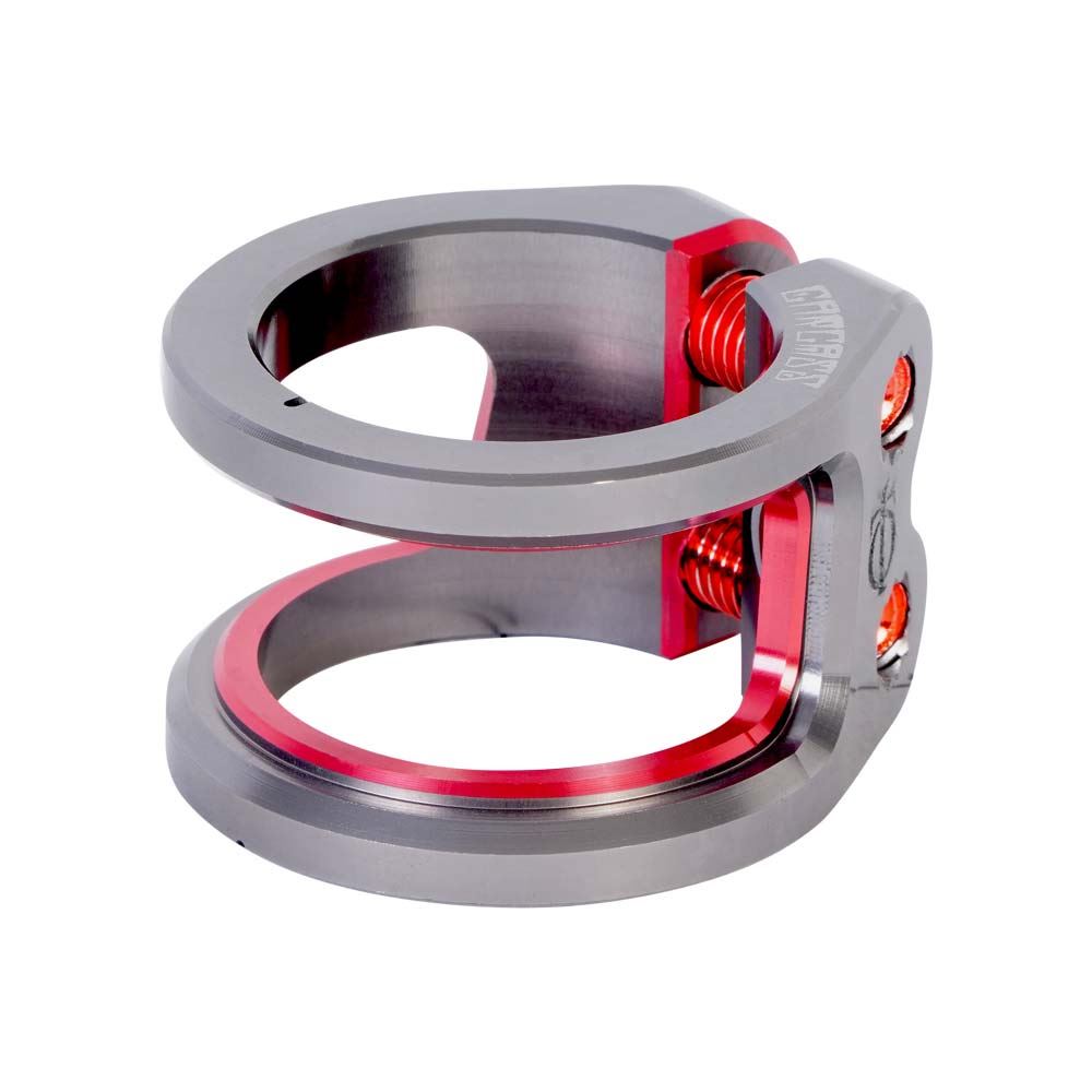 Oath Carcass 2 Bolt Oversized Stunt Scooter Clamp - Titanium / Red - Front Left