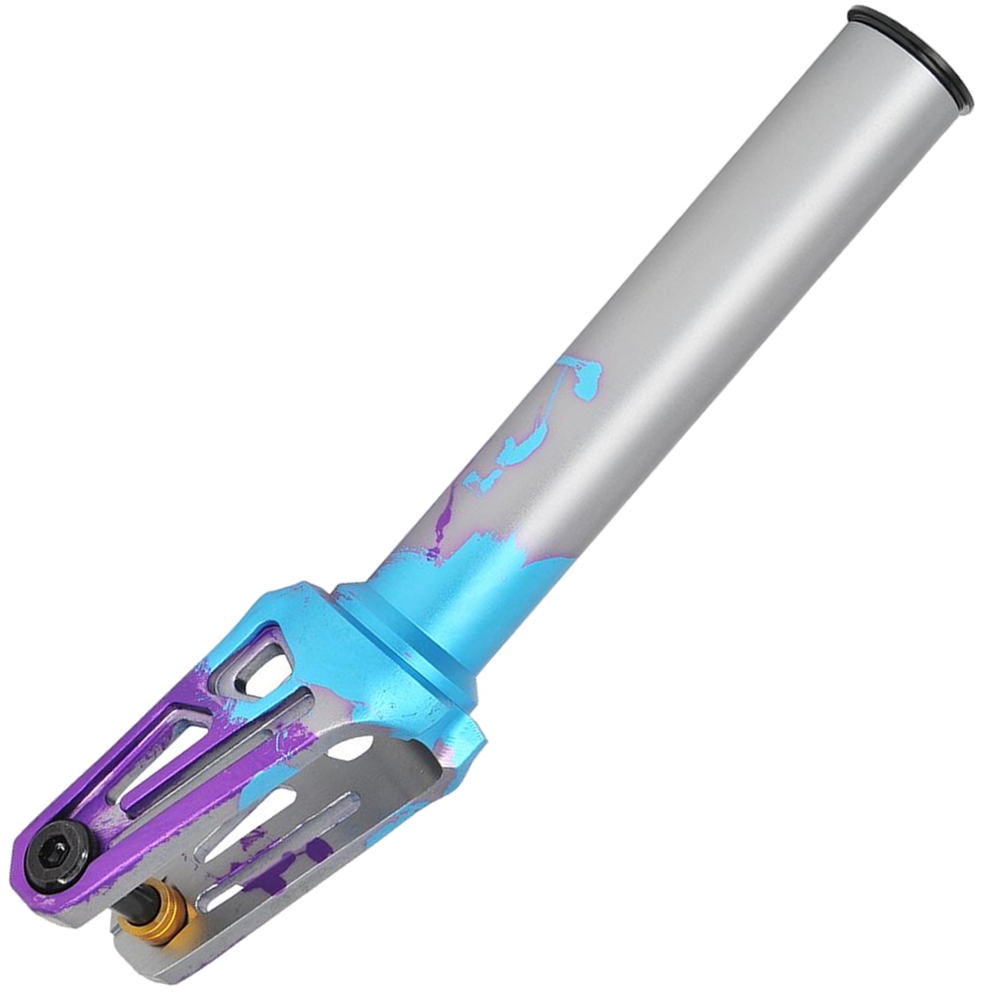 The Oath Shadow SCS/HIC Stunt Scooter Fork - Blue / Purple / Titanium stands out with its eye-catching gradient from blue to purple, featuring a tubular silver shaft and detailed cutout patterns near the axle. Its sleek and modern design makes it a perfect addition to the progressive scooter forks market.