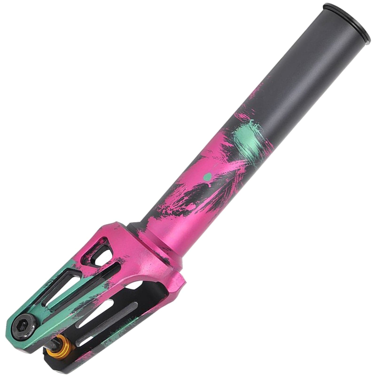 The Oath Shadow SCS/HIC Stunt Scooter Fork by Oath is a striking piece constructed from 6061 T6 Aluminium, boasting a dynamic paint splash design in pink, green, and black. This advanced fork also features a robust black tube that extends from the vibrant base, offering a blend of durability and flair.