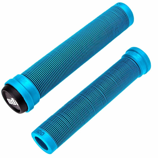 The ODI Longneck SLX Light Blue Stunt Scooter Grips, sized at 160mm and featuring a ribbed texture, are ideal for both scooters and BMX. One grip is shown from the side, while the other showcases the distinctive black and white end cap logo. Made by ODI from durable Krayton rubber, these cylindrical grips offer comfortable hand placement.