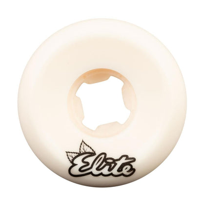 A sleek white skateboard wheel showcases a black "Elite" logo with a stylized leaf design. Made from OJ Elite Urethane, these OJ Wheels are viewed from the front, highlighting their circular shape and central hole.