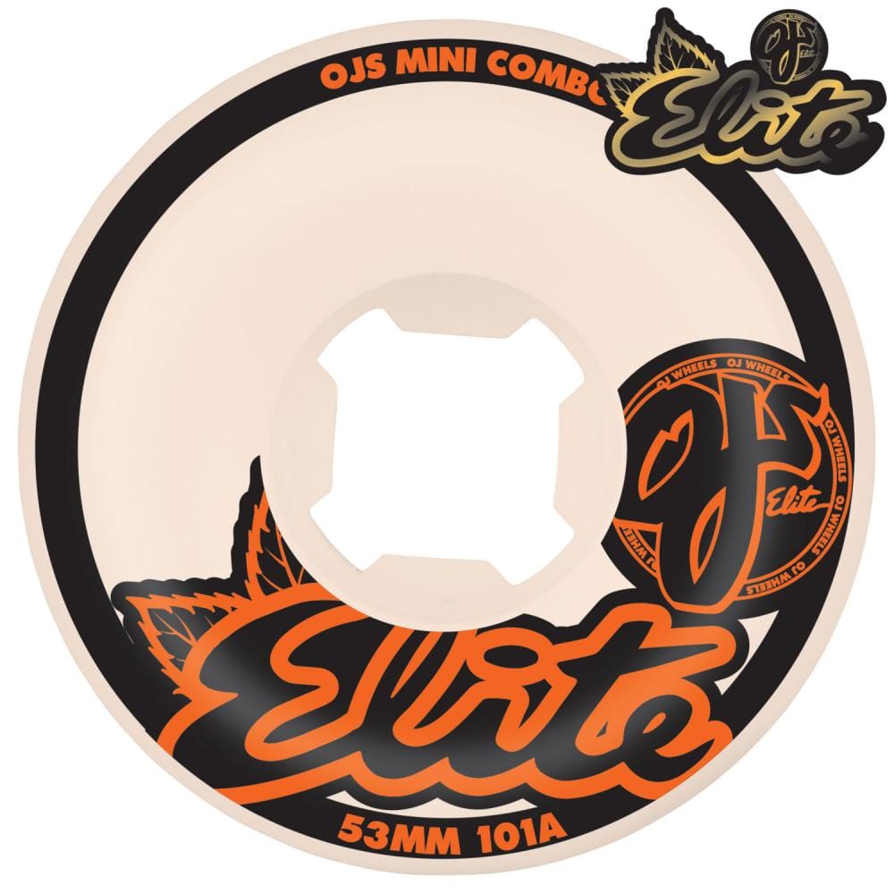 The image showcases an OJ Wheels skateboard wheel, crafted in white with vibrant orange and black accents. It features the text "Elite Urethane" and "Mini Combo," accompanied by a leaf design. The wheel's size is 54mm 101A, perfect for those seeking precision performance.