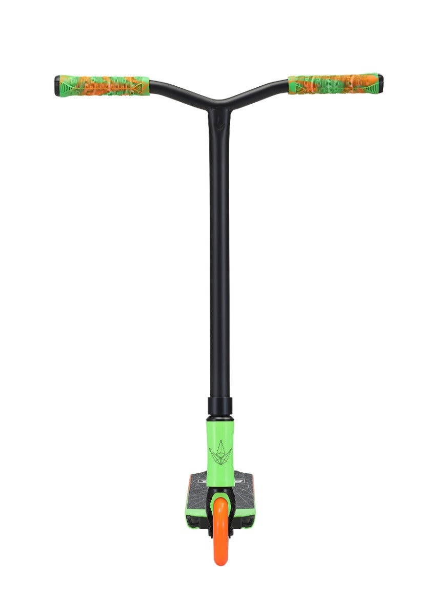 Front view of the Blunt Envy ONE S3 Complete Stunt Scooter in black and green, featuring vibrant orange handle grips and a striking single front orange wheel, ideal for beginner riders, set against a white background.