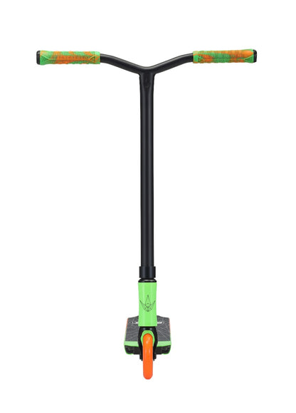 Front view of the Blunt Envy ONE S3 Complete Stunt Scooter in black and green, featuring vibrant orange handle grips and a striking single front orange wheel, ideal for beginner riders, set against a white background.