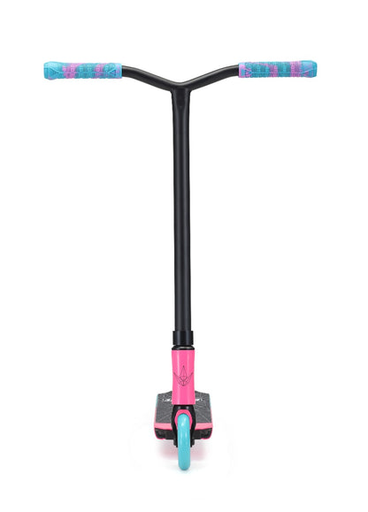 Front view of the Blunt Envy ONE S3 Complete Stunt Scooter - Pink / Teal, a perfect choice for beginner scooter riders. It showcases a black frame, teal wheels, and a pink neck. The handlebars are equipped with blue and purple grips, standing out with their minimalist design against a white background.