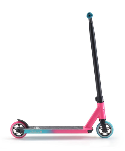 Introducing the Blunt Envy ONE S3 Complete Stunt Scooter in Pink and Teal—a vibrant kick scooter designed for beginner riders. It boasts a colorful pink and turquoise deck, a contrasting pink rear wheel, a teal front wheel, and tall black handlebars that extend vertically for optimal control.