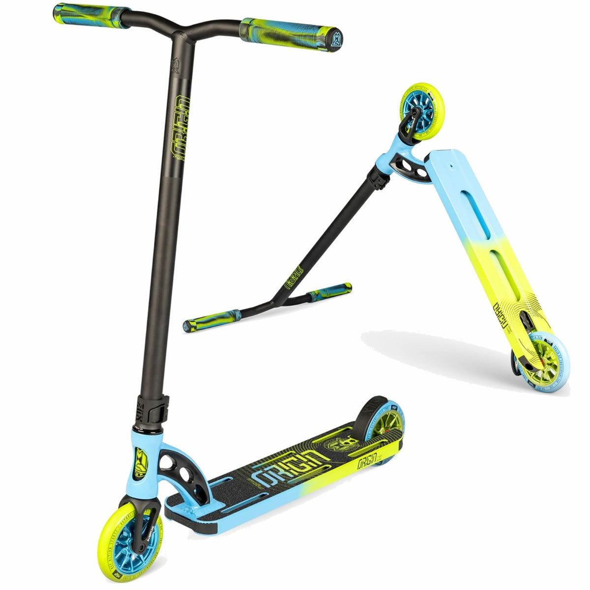 Introducing the Madd Gear MGP VX Origin Pro Complete Stunt Scooter, a vibrant ride with a lightweight design. It features a black handlebar and an eye-catching deck in blue and lime green. The front wheel is turquoise with a neon green tire, while the rear wheel completes the bold color scheme.