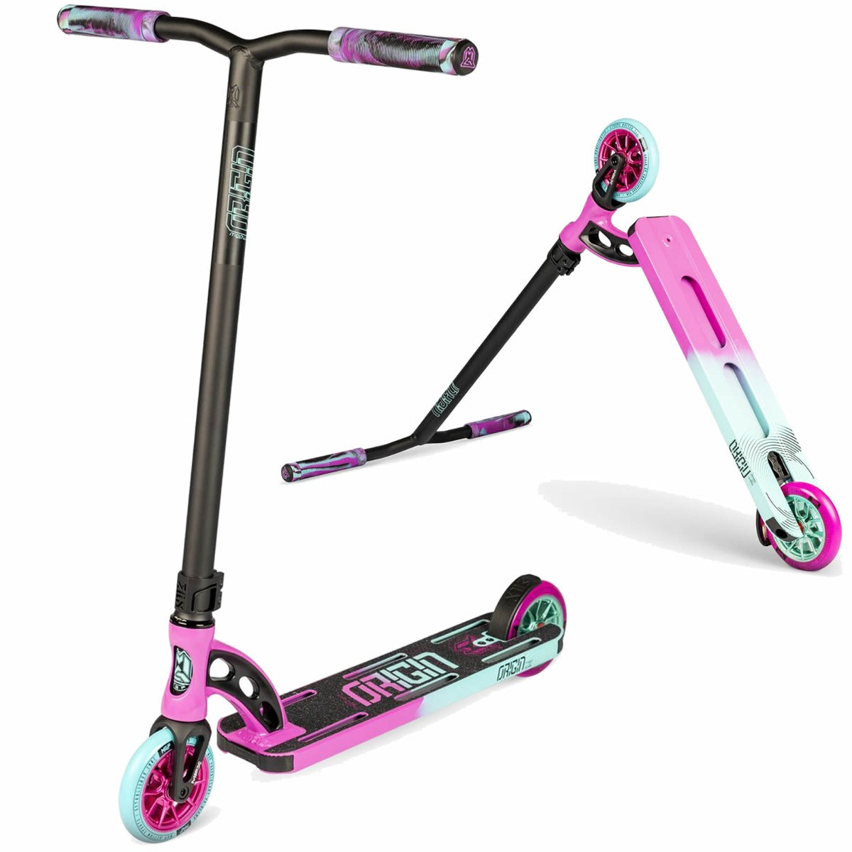 Two Madd Gear MGP VX Origin Pro Complete Stunt Scooters with vibrant pink and teal blue designs. Both boast sturdy handles and bright, eye-catching wheels. One lightweight scooter stands upright while the other lays flat, highlighting varying angles and their durable construction.