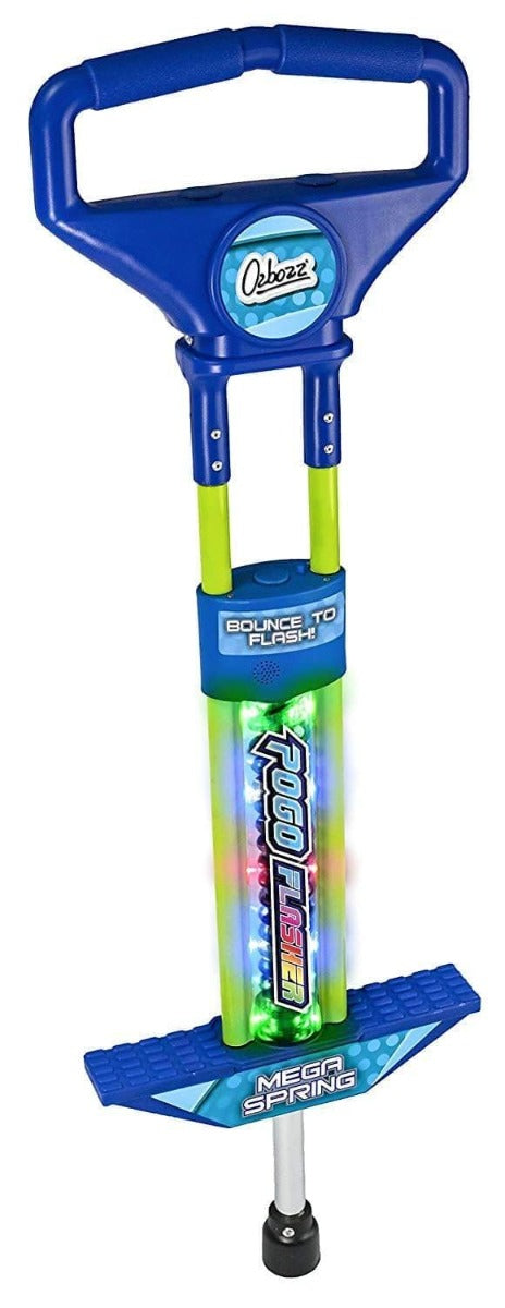 The Ozbozz Go Light Up Kids Pogo Stick in vibrant blue showcases the brand name "Ozbozz" along with a "Mega Spring" label and eye-catching graphics. This pogo stick for kids features a footrest and handlebar for added support, making bouncing fun a breeze.