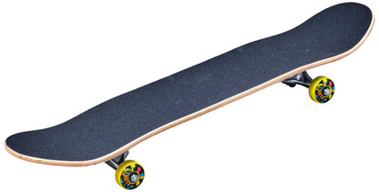 A Speed Demons Characters Paintballer Complete Skateboard, featuring a 7-ply maple deck and vibrant yellow and green wheels, is positioned diagonally against a plain white background. The skateboard showcases grip tape on top.